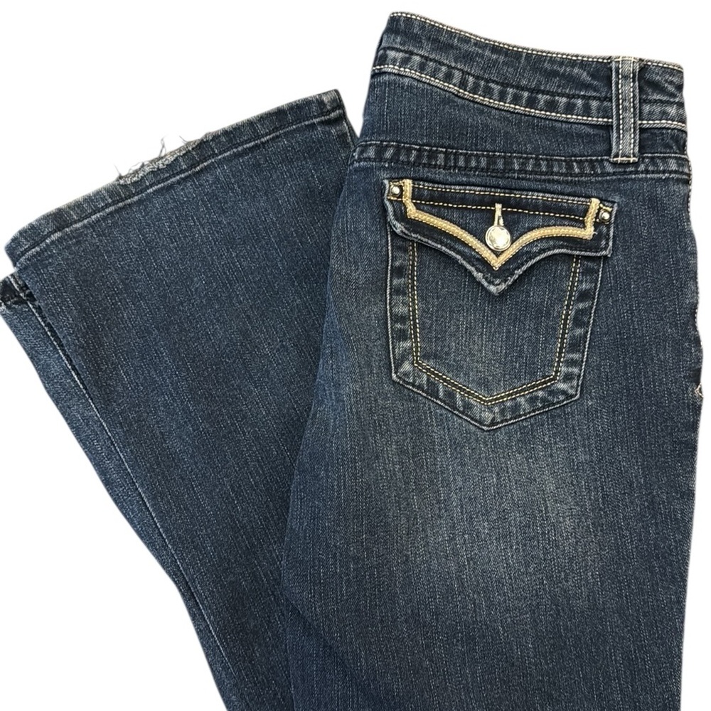 Wide-Leg Flare Flap Pocket Jean Dark Blue Y2K Distressed Embellished 8/31x31